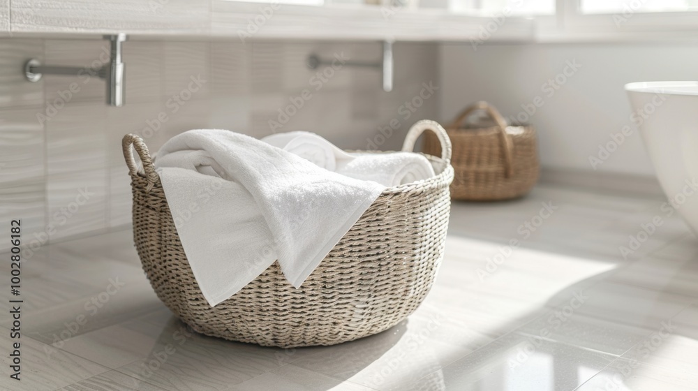 Cozy Bathroom with Woven Basket and Soft Towels Cozy Bathroom with Woven Basket and Soft Towels