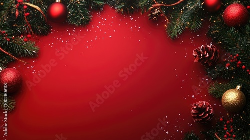 Red background with a red border. Red Christmas decorations, Merry Christmas card. Winter holiday theme. Happy New Year. Space for text.