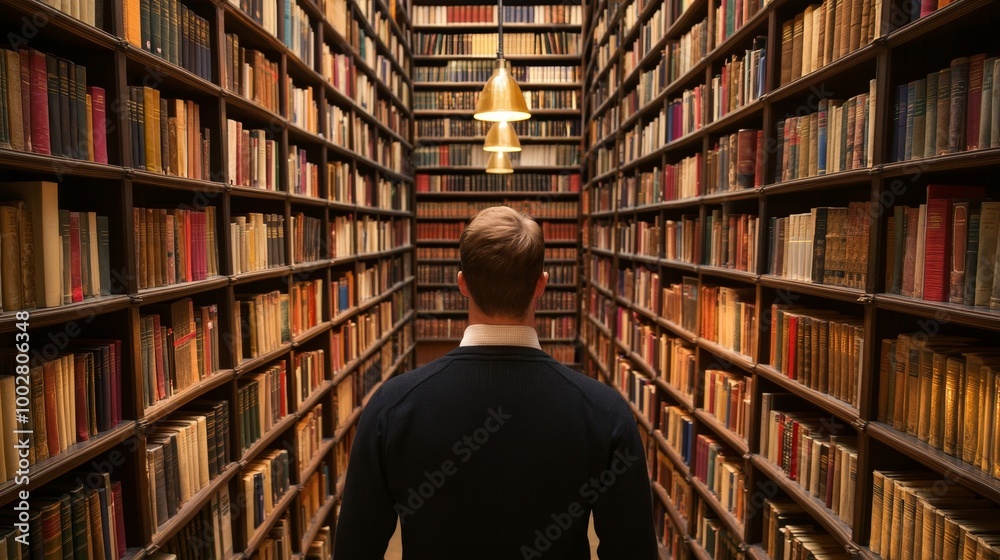 Person exploring a grand library filled with books. Person exploring a grand library filled with books.