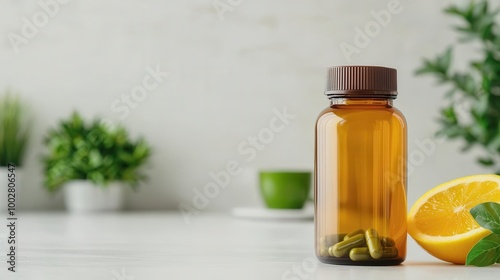 Glass bottle of vitamins on a white table, green tea and fruits beside, calm and healthy atmosphere