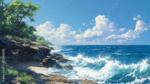 Ocean view from a cliffside with crashing waves, rocky shoreline, and a clear blue sky.