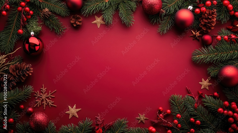 Red background with a red border. Red Christmas decorations, Merry Christmas card. Winter holiday theme. Happy New Year. Space for text.