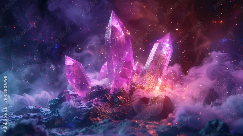 Beautiful amethyst crystals glowing in a mystical landscape filled with colorful mist and cosmic elements. Beautiful amethyst crystals glowing in a mystical landscape filled with colorful mist and cosmic elements.