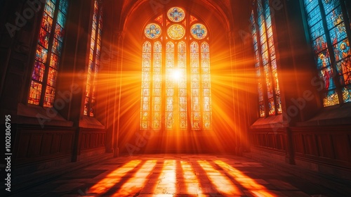 beautiful vibrant stained glass window of the cathedral with piercing rays