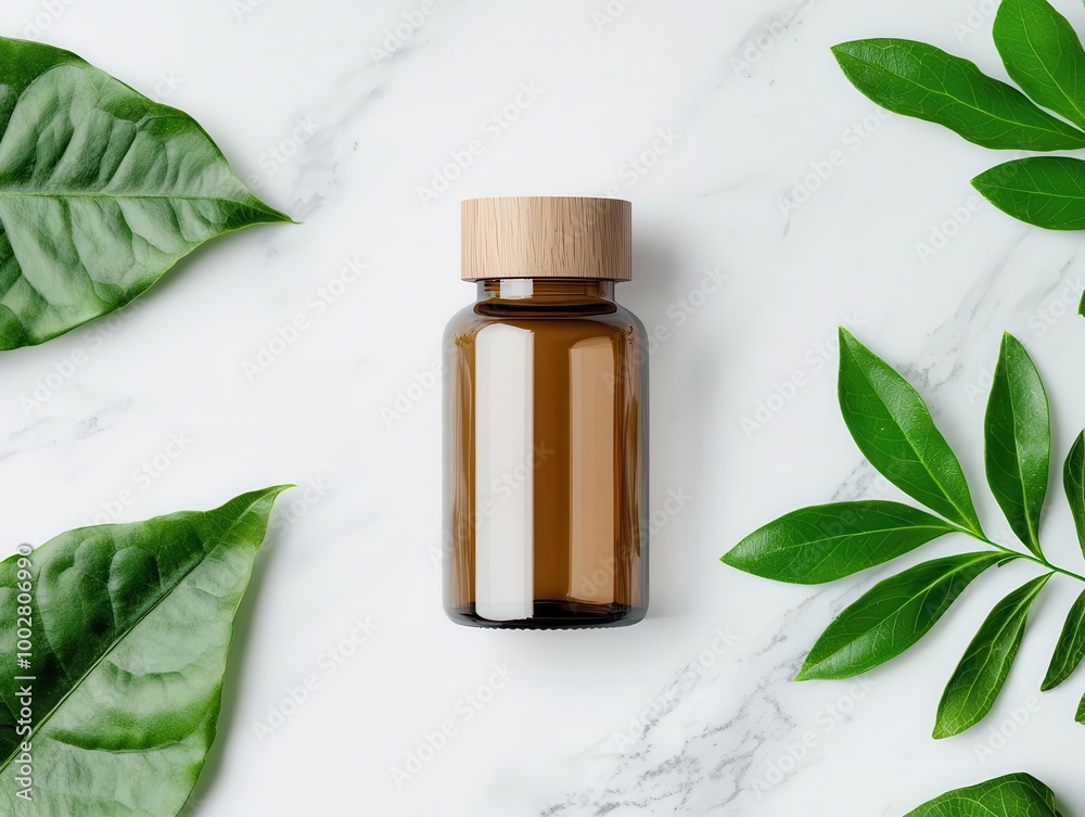 Glass vitamin bottle with a wooden cap on a rustic table, surrounded by fresh fruits, holistic health vibe