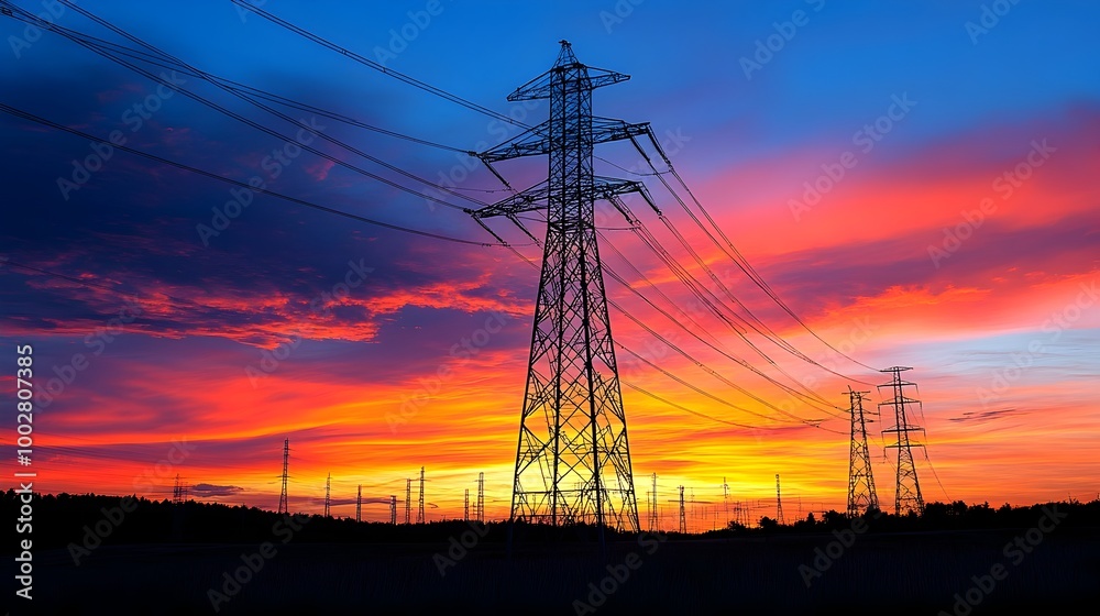 Smart Grid Transmission Towers Powering Industrial at Sunset Smart Grid Transmission Towers Powering Industrial at Sunset