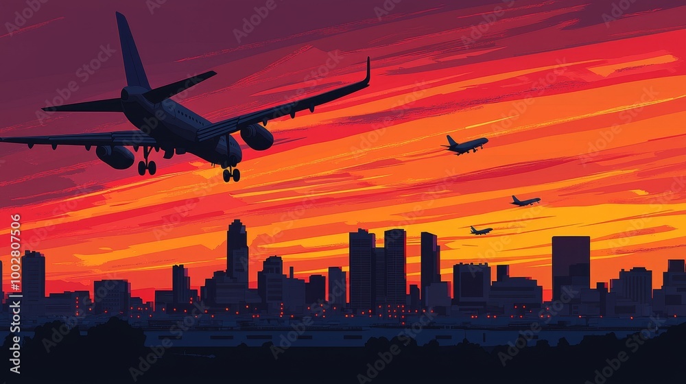 Airplanes in a colorful sunset sky over a city skyline.