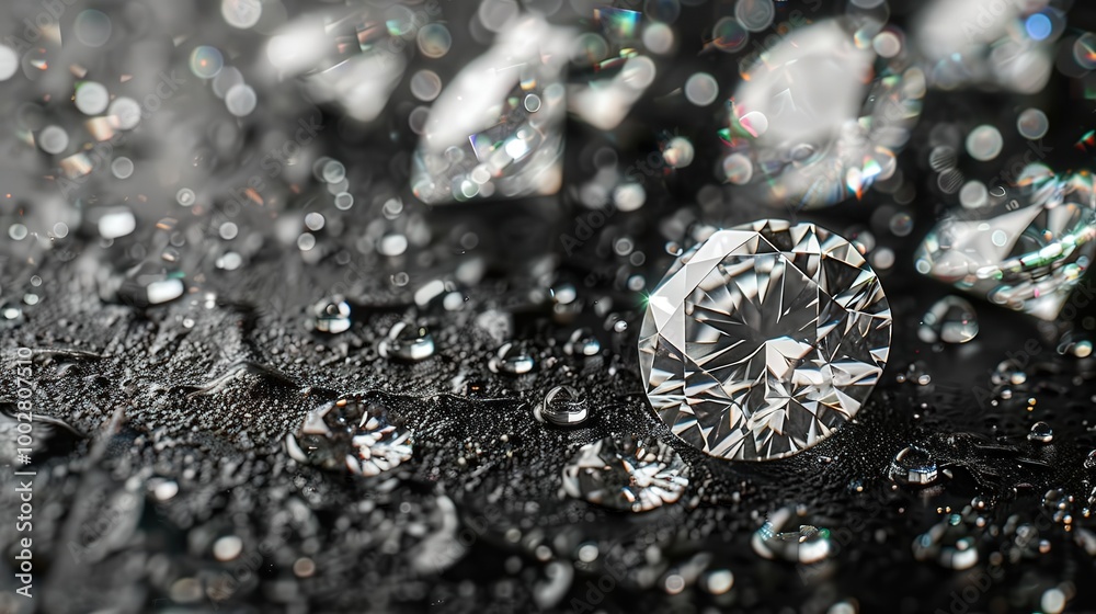 Close-up of a sparkling diamond surrounded by water droplets, showcasing brilliance and clarity on a dark background. Close-up of a sparkling diamond surrounded by water droplets, showcasing brilliance and clarity on a dark background.
