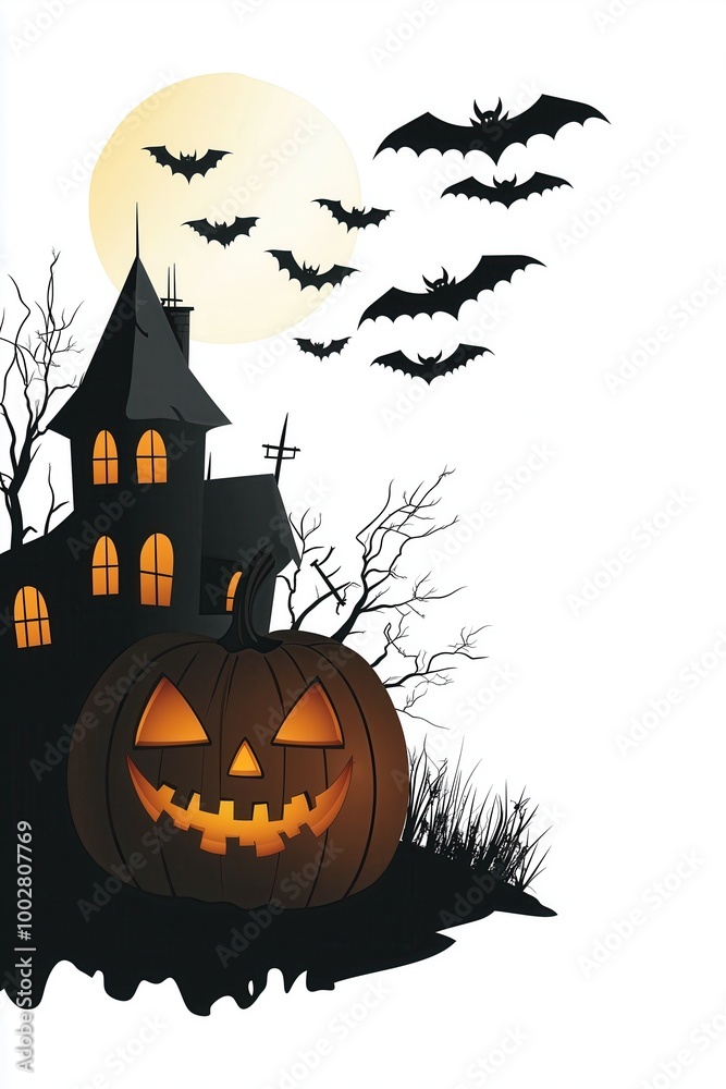 A Halloween illustration featuring a haunted house pumpkin with jack-o'-lantern features, set against a glowing moon and silhouettes of bats. White background with copy space. A Halloween illustration featuring a haunted house pumpkin with jack-o'-lantern features, set against a glowing moon and silhouettes of bats. White background with copy space.