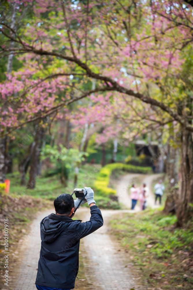 Vertical image Asian man use professional digital camera take a photo. Smiling male photographer look at photo film camera outdoors. Man shooting photo in green nature park. Men hobby lifestyle Vertical image Asian man use professional digital camera take a photo. Smiling male photographer look at photo film camera outdoors. Man shooting photo in green nature park. Men hobby lifestyle