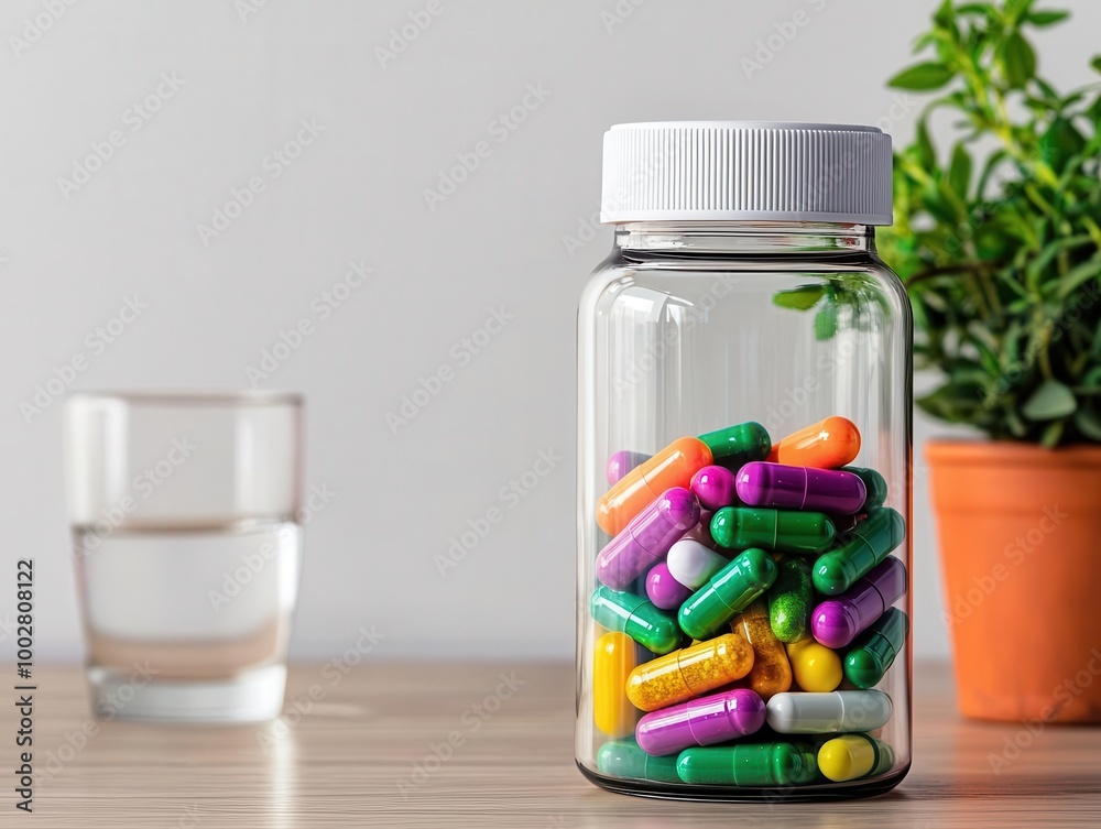 Glass vitamin bottle with colorful capsules on a wooden table, herbs and a glass of water beside, wellness Glass vitamin bottle with colorful capsules on a wooden table, herbs and a glass of water beside, wellness