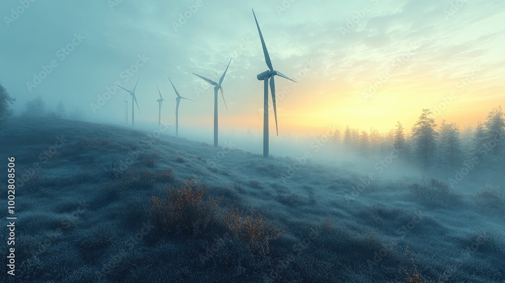 Wind Turbines on a Hill During a Foggy Morning – A Symbol of Renewable Energy Wind Turbines on a Hill During a Foggy Morning – A Symbol of Renewable Energy