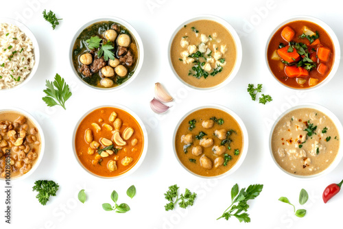 A vibrant assortment of delicious soups served in bowls, showcasing various textures and colors, perfect for culinary inspiration.