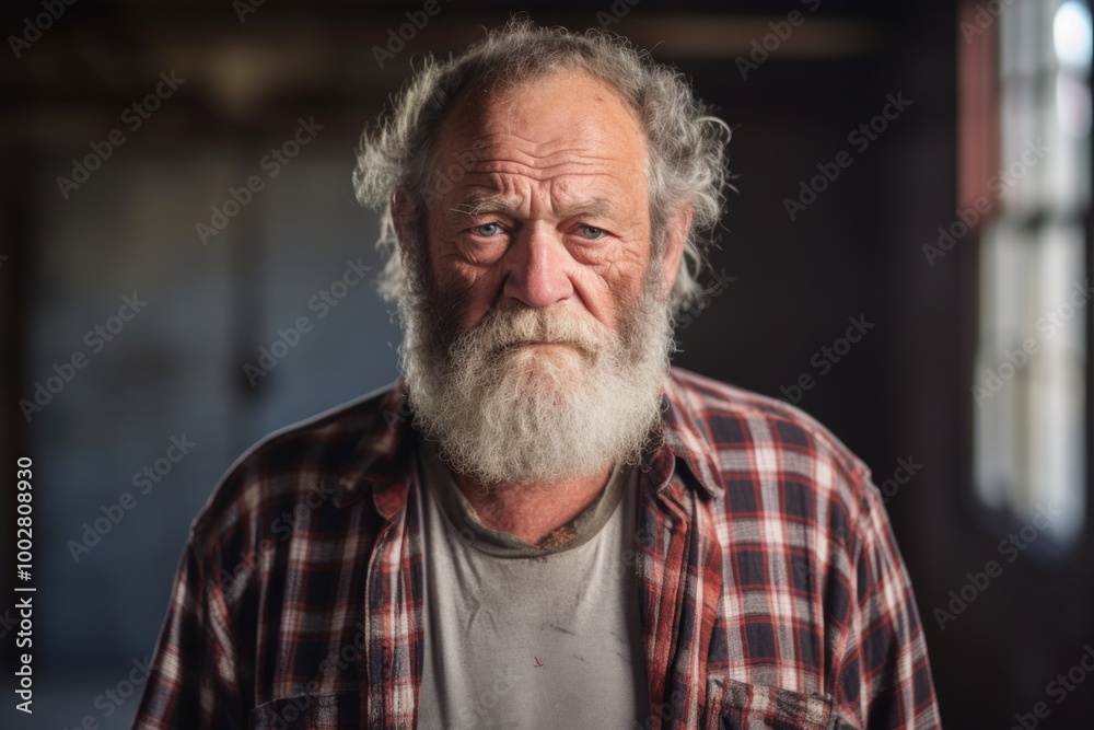 Portrait of a tender man in his 70s dressed in a relaxed flannel shirt in empty modern loft background Portrait of a tender man in his 70s dressed in a relaxed flannel shirt in empty modern loft background