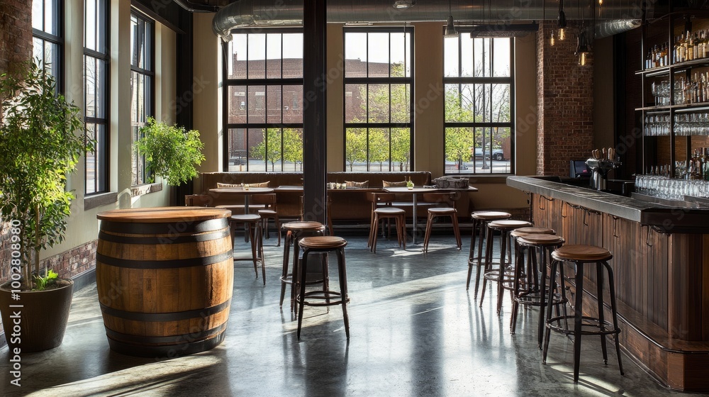 Bar area with a side view of stools, a barrel table behind, large clear windows providing natural light. Bar area with a side view of stools, a barrel table behind, large clear windows providing natural light.