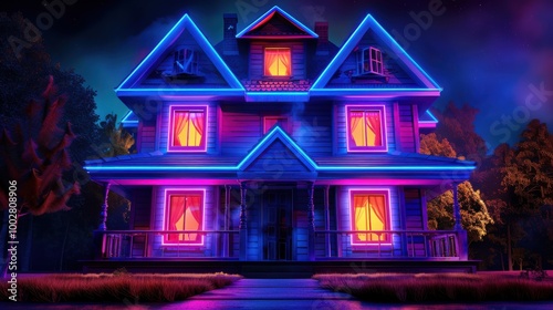 Glowing Haunted House in Mysterious Night Setting