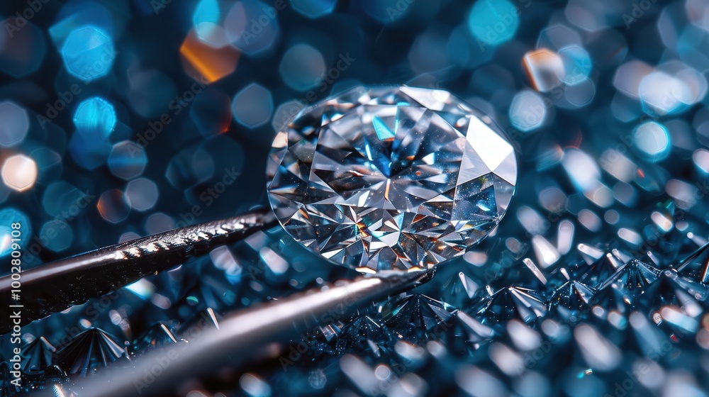 Close-up of a sparkling diamond held with tweezers, showcasing its brilliant cut and shimmering facets against a blue background. Close-up of a sparkling diamond held with tweezers, showcasing its brilliant cut and shimmering facets against a blue background.