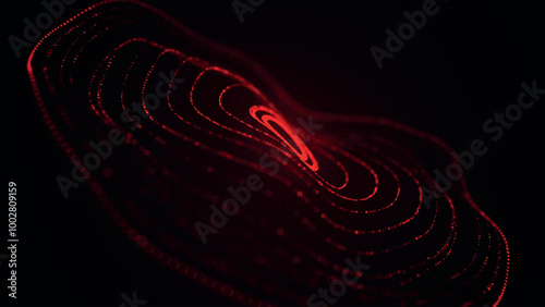 Abstract background with dynamic wave. Circular wave of dots. Musical sound wave. Dark background. Big data visualization. Plexus. Vector illustration.