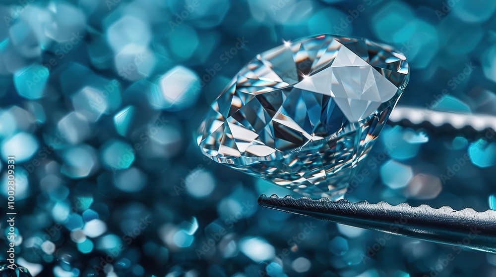 Close-up of a sparkling diamond held by tweezers against a stunning blue bokeh background, highlighting its brilliance and clarity. Close-up of a sparkling diamond held by tweezers against a stunning blue bokeh background, highlighting its brilliance and clarity.