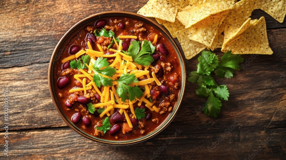 Overhead shot of a warm bowl of chili with beans, cheese, and tortilla chips. Copy space. Overhead shot of a warm bowl of chili with beans, cheese, and tortilla chips. Copy space.