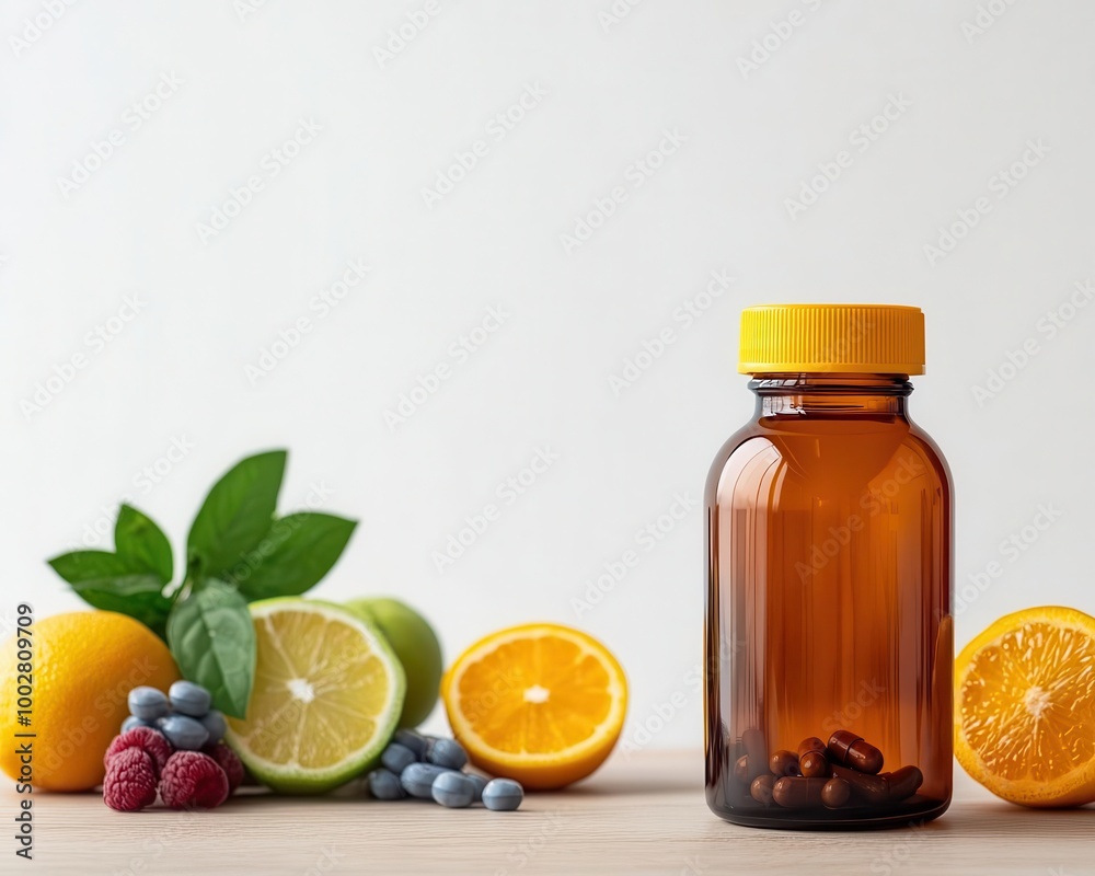 Amber glass bottle of vitamins on a wooden table, next to a bowl of nuts and a green smoothie, healthy lifestyle Amber glass bottle of vitamins on a wooden table, next to a bowl of nuts and a green smoothie, healthy lifestyle