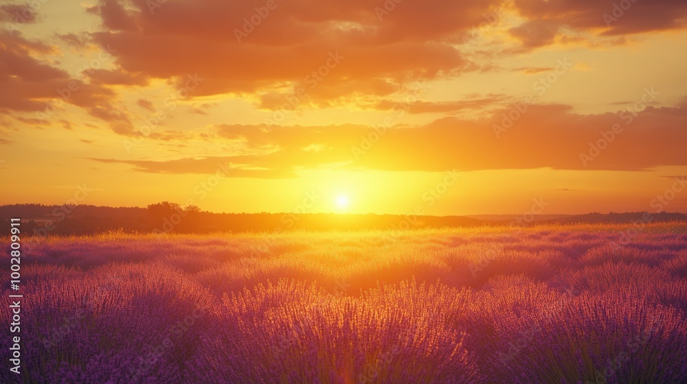 Fototapeta premium As the sun sets on the horizon, its warm glow bathes the lavender field in shades of gold and purple, creating a peaceful and enchanting landscape in the countryside