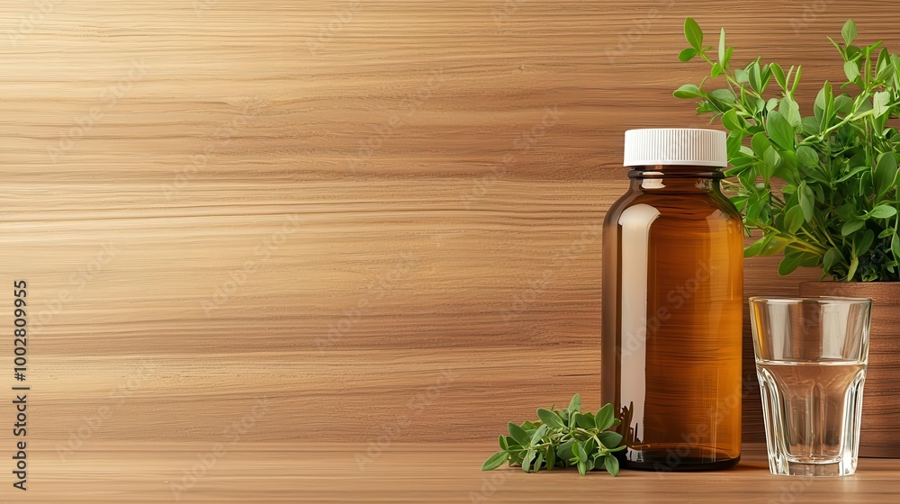 Amber glass bottle of vitamins on a wooden table, next to a bowl of nuts and a green smoothie, healthy lifestyle Amber glass bottle of vitamins on a wooden table, next to a bowl of nuts and a green smoothie, healthy lifestyle