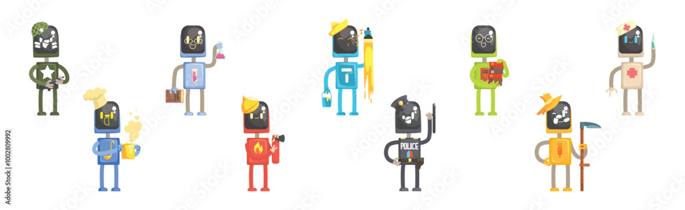 Fototapeta premium Robot Character of Different Profession with Tool Vector Set