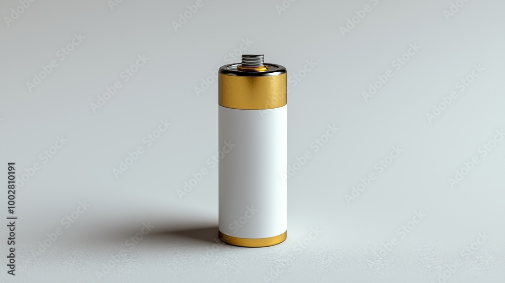 A minimalistic image of a single battery with a white body and gold top, positioned on a light gray background A minimalistic image of a single battery with a white body and gold top, positioned on a light gray background