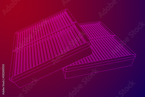 Car engine air filters. Auto spare part. Car care service maintenance. Wireframe low poly mesh vector illustration.