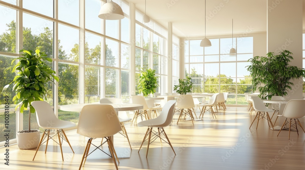 Brightly lit office canteen with light decor in a business center, clear windows offering a sunny view. Brightly lit office canteen with light decor in a business center, clear windows offering a sunny view.