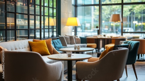 Cafe interior with stylish armchairs, a table, and an eating area featuring a couch and lamp, near large clear windows.