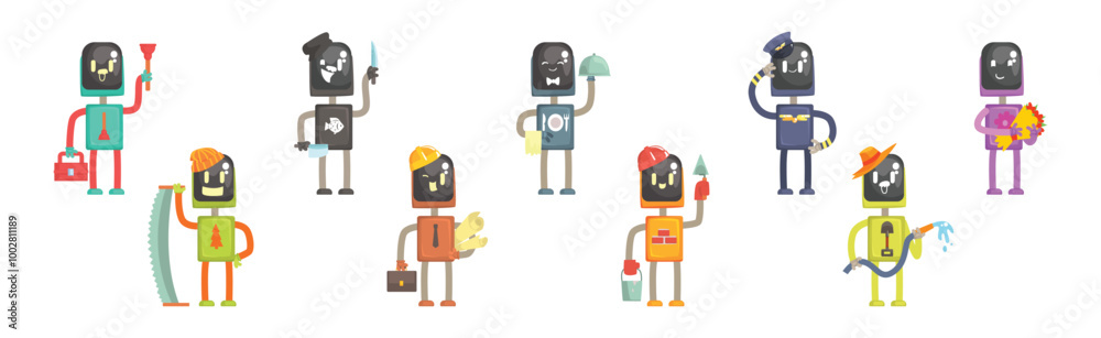 Robot Character of Different Profession with Tool Vector Set Robot Character of Different Profession with Tool Vector Set