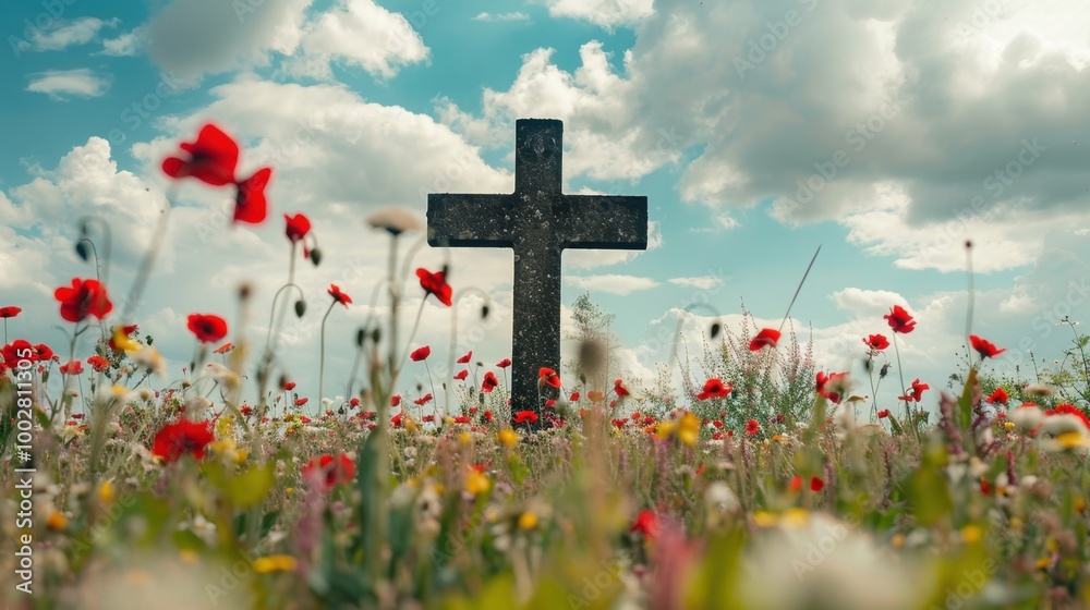 Cross Amidst Poppy Field Under Blue Sky Cross Amidst Poppy Field Under Blue Sky