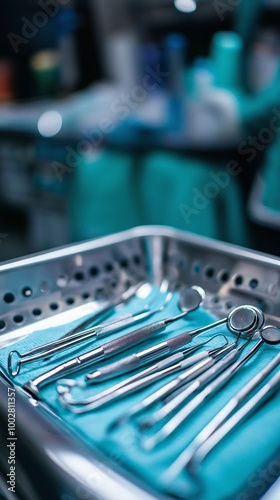 Close-up of dental cleaning tools arranged in a stainless steel tray with a turquoise background and selective focus photo