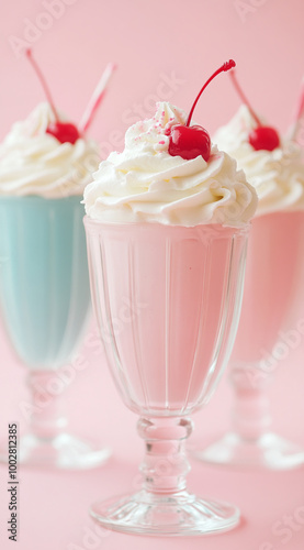 Milkshakes with cream and cherry on top in multicolored glasses, pastel pink background, retro vintage style, pastel colors