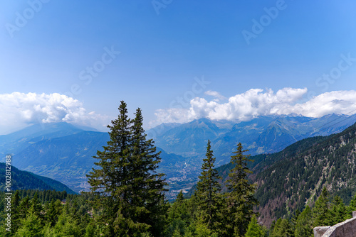 Aerial view of Italian City of Meran with Etsch Valley and Etsch River seen from mountain resort Meran 2000 on a sunny summer day. Photo taken July 18th, 2024, Meran Merano, Italy.