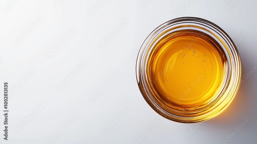 A top-down view of honey in a clear glass jar against a minimal white background, showcasing its amber color A top-down view of honey in a clear glass jar against a minimal white background, showcasing its amber color
