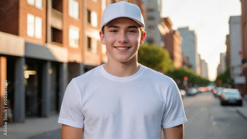 Teenage boy wearing white t-shirt and white baseball cap standing on the street Teenage boy wearing white t-shirt and white baseball cap standing on the street
