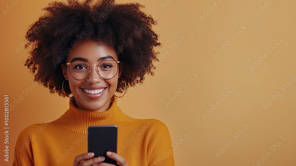 Isolated shot of African American woman uses smartphone application enjoys browsing social media creats news content makes online order wears spectacles and casual jumper poses over beige studio wall Isolated shot of African American woman uses smartphone application enjoys browsing social media creats news content makes online order wears spectacles and casual jumper poses over beige studio wall