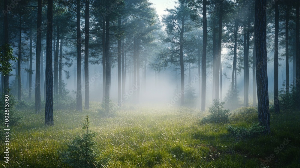 A foggy forest scene in the early morning, with diffused light creating a gentle glow A foggy forest scene in the early morning, with diffused light creating a gentle glow
