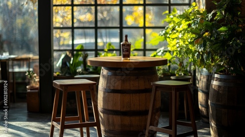 Group of stools in a bar setting, barrel used as a table in the background, clear windows illuminating the area.