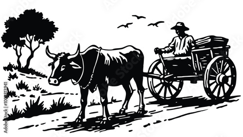 A bullock cart through dusty fields on white background silhouette