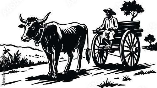 Bullock cart through dusty fields, dreaming of distant horizons on white background silhouette