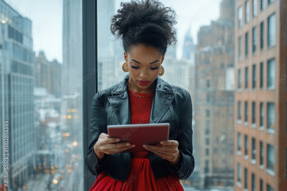 Fototapeta premium A good-looking African-American woman entrepreneur in a red skirt and black jacket is using a digital tablet while leaning against a panoramic window of a business office high-rise, Generative AI