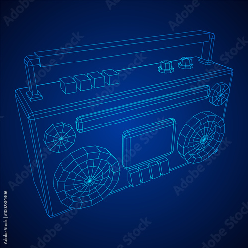 Retro Boombox outdated portable cassette tape recorder. Wireframe low poly mesh vector illustration.