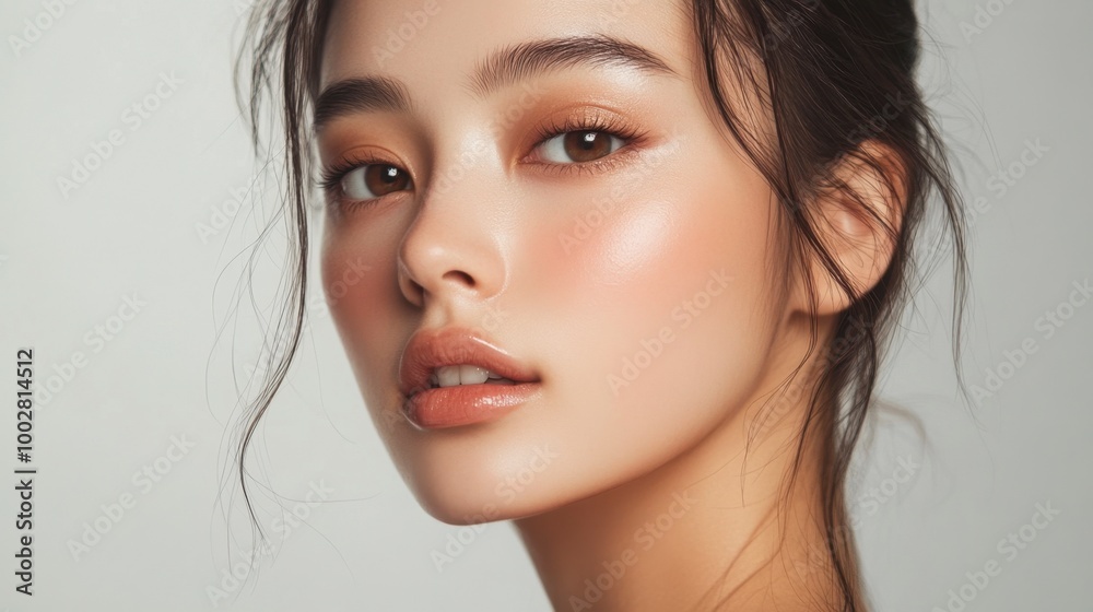 Portrait of a beautiful Asian woman with glowing skin, posing for a skincare advertisement. Portrait of a beautiful Asian woman with glowing skin, posing for a skincare advertisement.