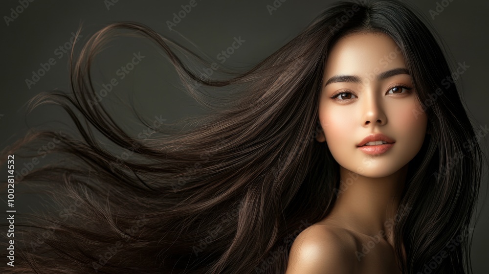 Naklejka premium Portrait of a beautiful Asian woman with glowing skin, posing for a skincare advertisement.