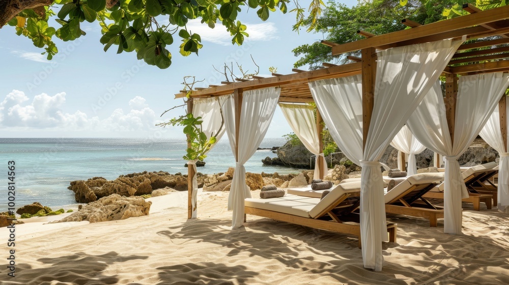 Fototapeta premium Serene Beach Cabanas with Ocean View
