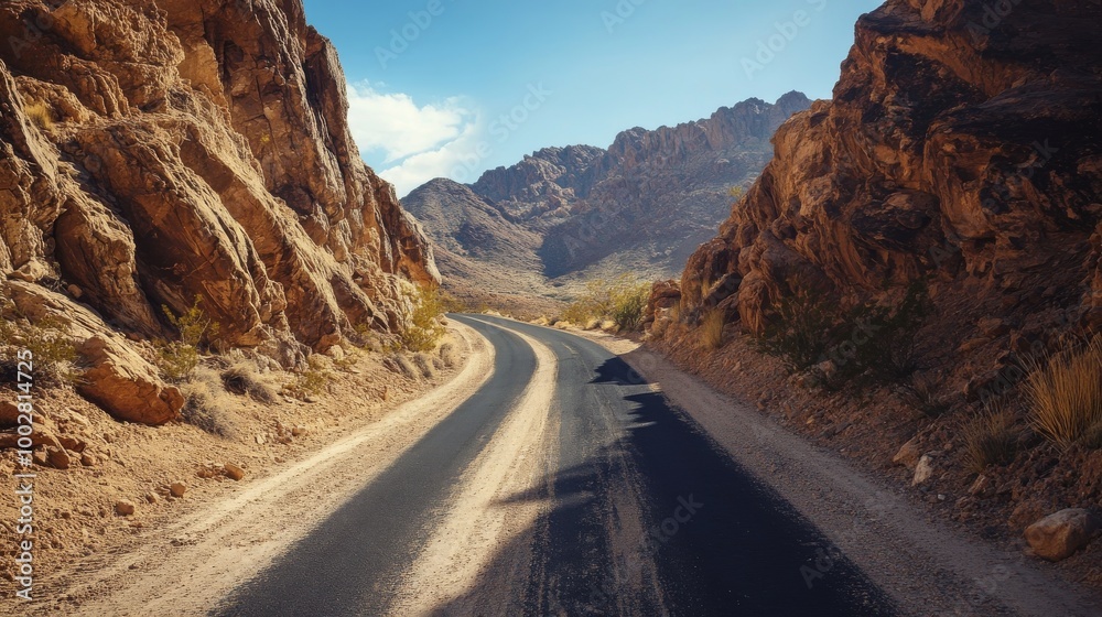 A long, winding road through a rocky desert canyon A long, winding road through a rocky desert canyon